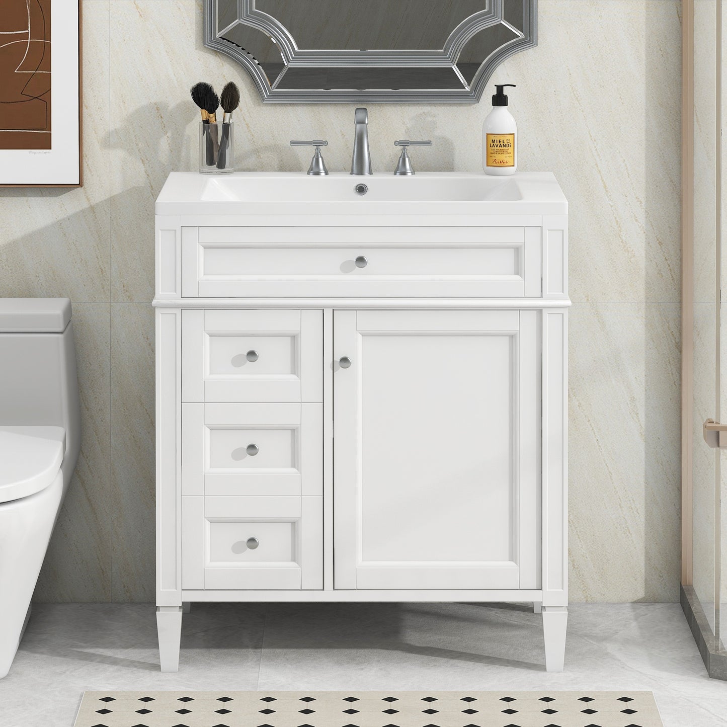 30'' Bathroom Vanity with Top Sink, Modern Bathroom Storage Cabinet with 2 Drawers and a Tip-out Drawer, Single Sink Bathroom Vanity