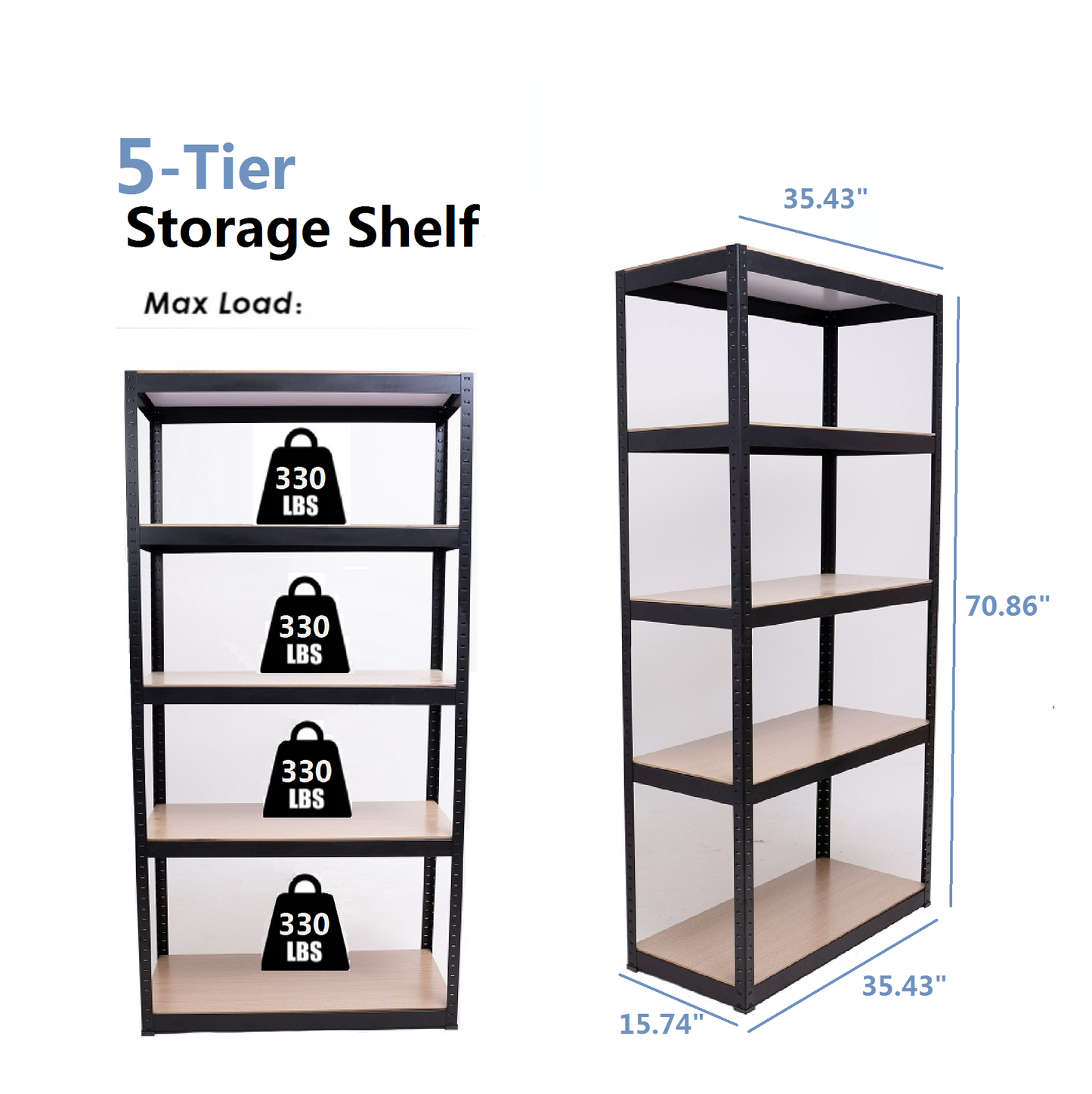 Storage Shelves -  5 Tier Adjustable Garage Storage Shelving, Heavy Duty Metal Storage Utility Rack Shelf Unit for Warehouse Pantry Closet Kitchen, 23.6" x 15.7" x 47.2", Black