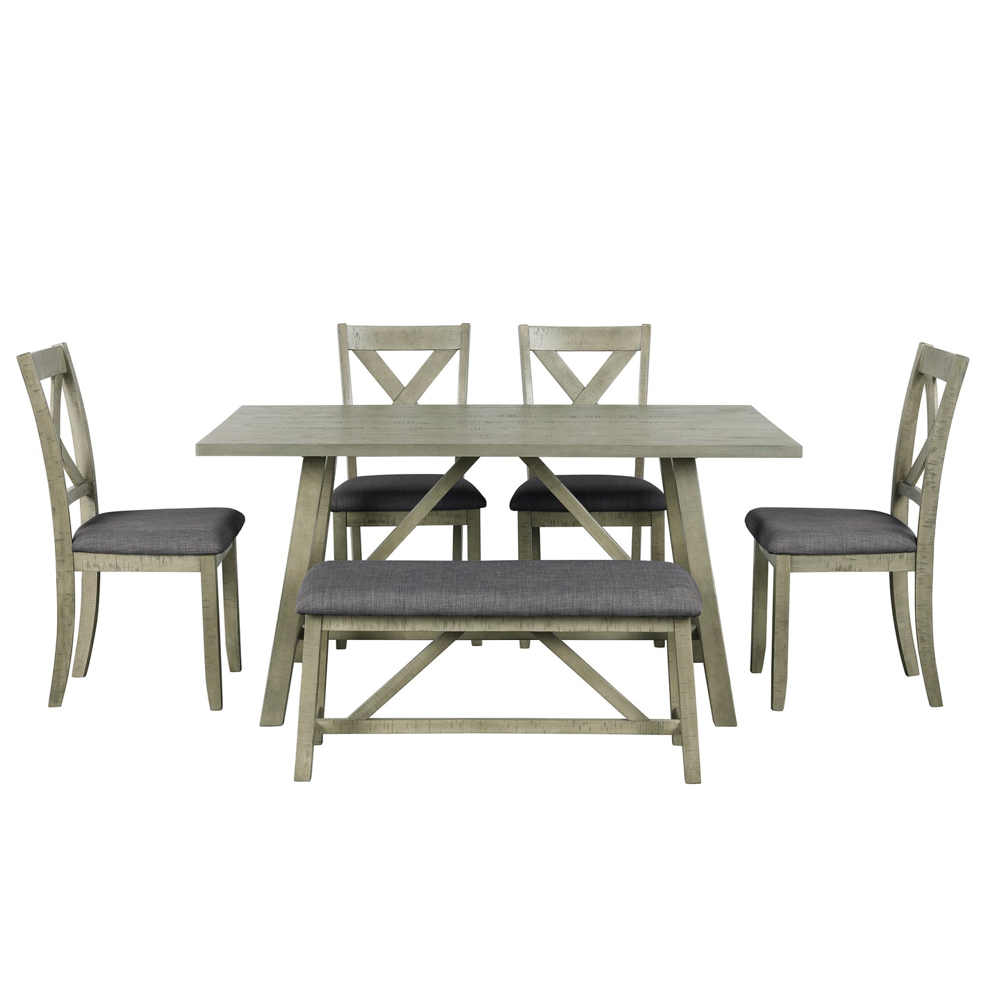 6 Piece Dining Table Set Wood Dining Table and chair Kitchen Table Set with Table, Bench and 4 Chairs, Rustic Style, Gray(No Difference with SH000109AAE)