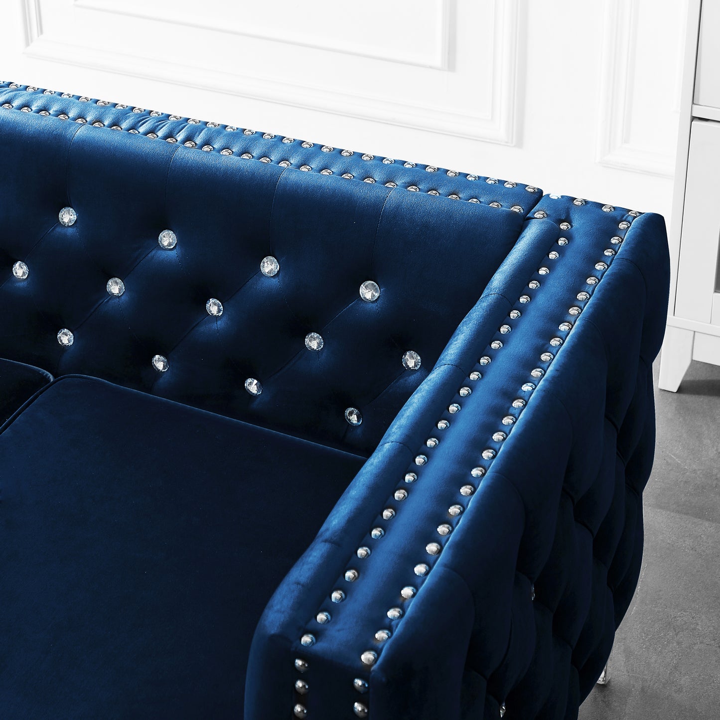 Blue Modern Velvet Sofa with Jeweled Buttons and Tufted Square Arms, 2 Pillows Included