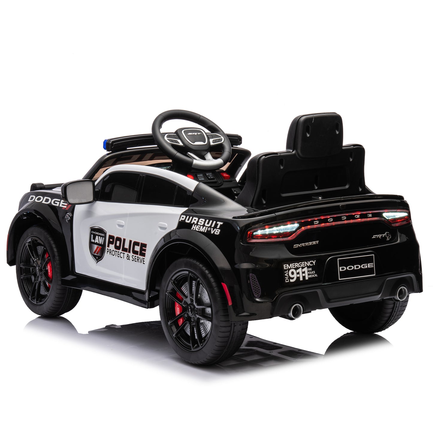 Licensed Dodge Charger,12v Kids ride on police car W/Parents Remote Control,anti-collision bar,Front& top alarm light design,Police car sticker,megaphone,three-speed,slow start,Four wheel suspension.