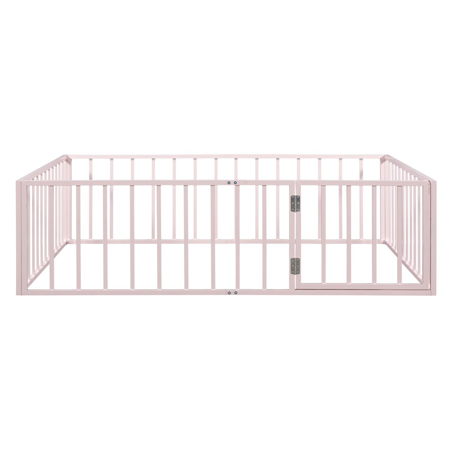 Full Size Metal Floor Bed Frame with Fence and Door, Pink