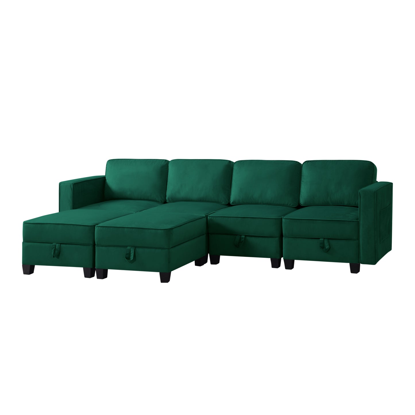 Modular Green Velvet Sectional Sofa with Ottoman and Hidden Storage