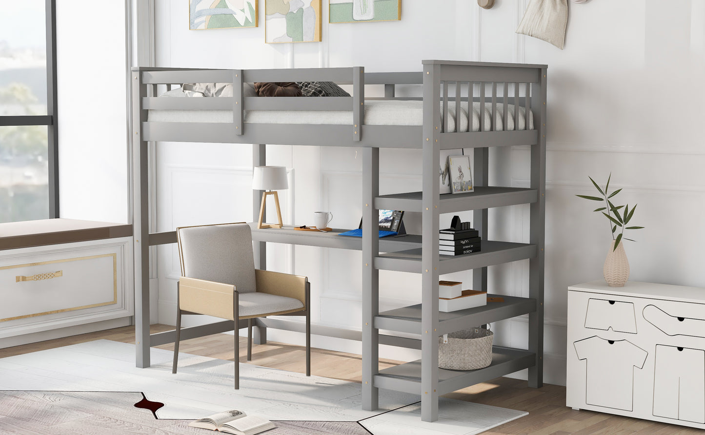 Twin Size Loft Bed with Storage Shelves and Under-bed Desk, Gray(OLD SKU:SM000245AAE-1)