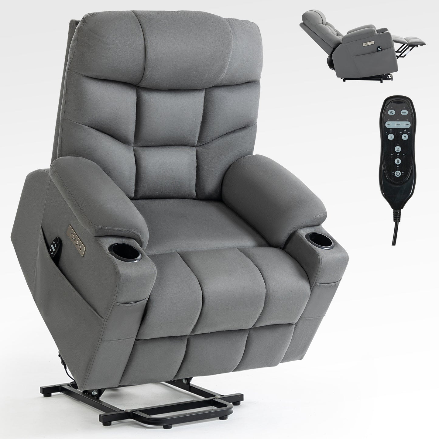 Grey Lift Recliner Chair with Massage, Heat, USB Ports, and Lumbar Support