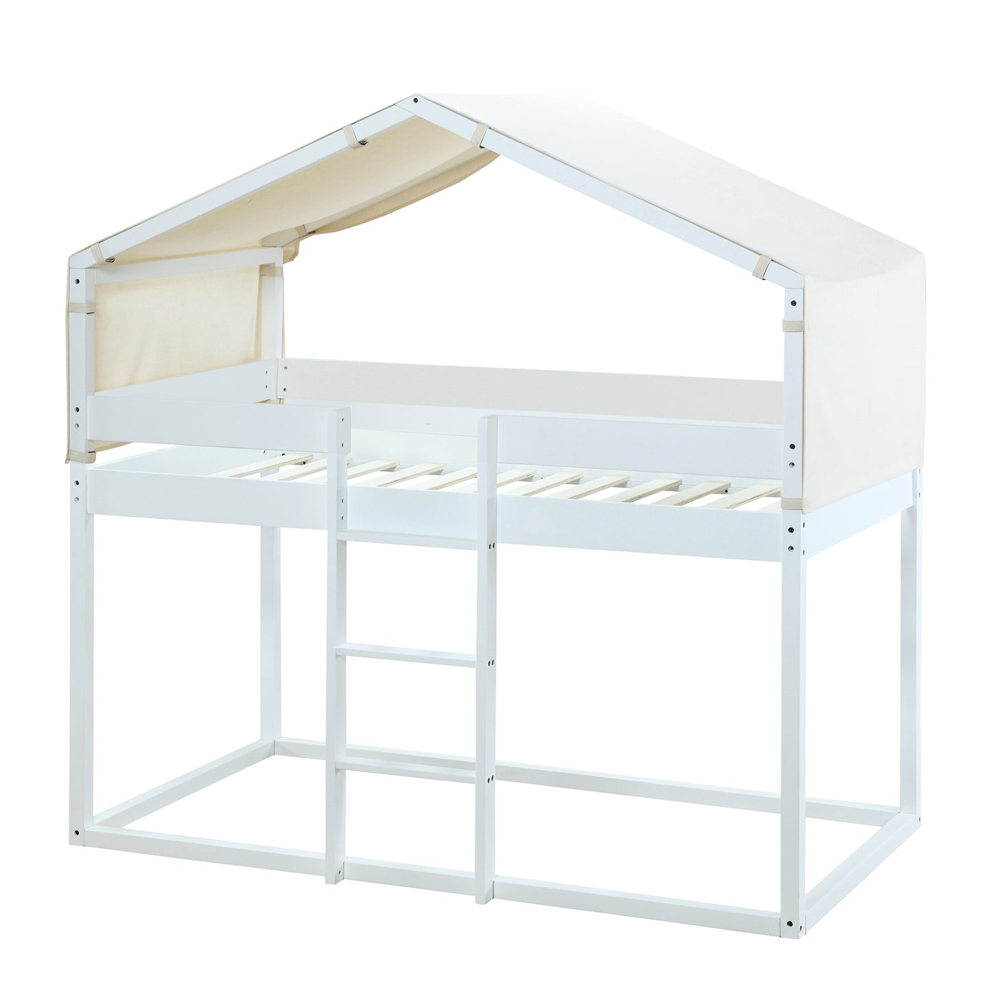 White House-Shaped Twin Over Twin Bunk Bed with Playhouse Tent