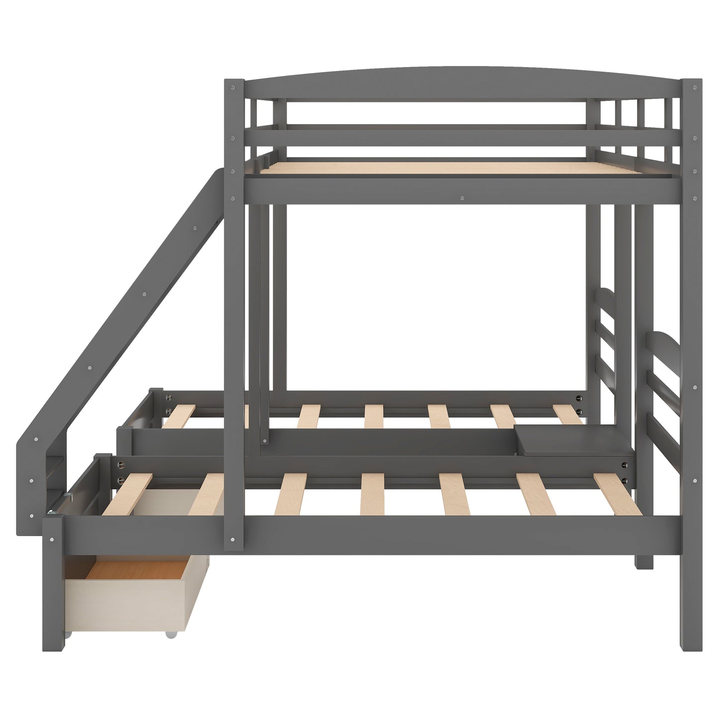 Gray Triple Bunk Bed with Storage Drawers, Full over Twin & Twin Bunk Bed