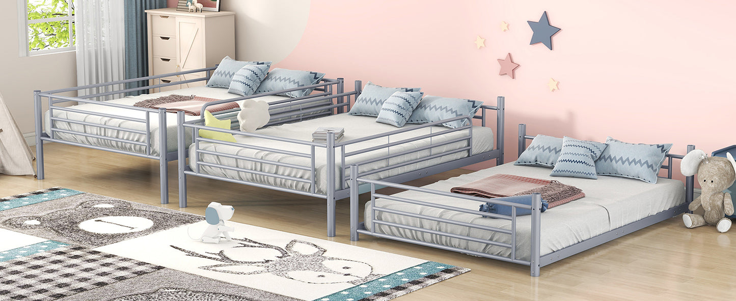 Full-Full-Full Metal  Triple Bed  with Built-in Ladder, Divided into Three Separate Beds,Gray