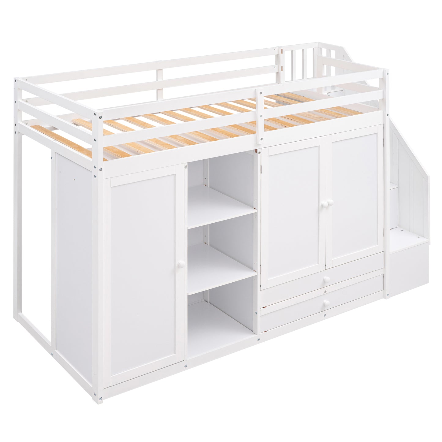 Functional Loft Bed with 3 Shelves, 2 Wardrobes and 2 Drawers,  Ladder with Storage, No Box Spring Needed, White