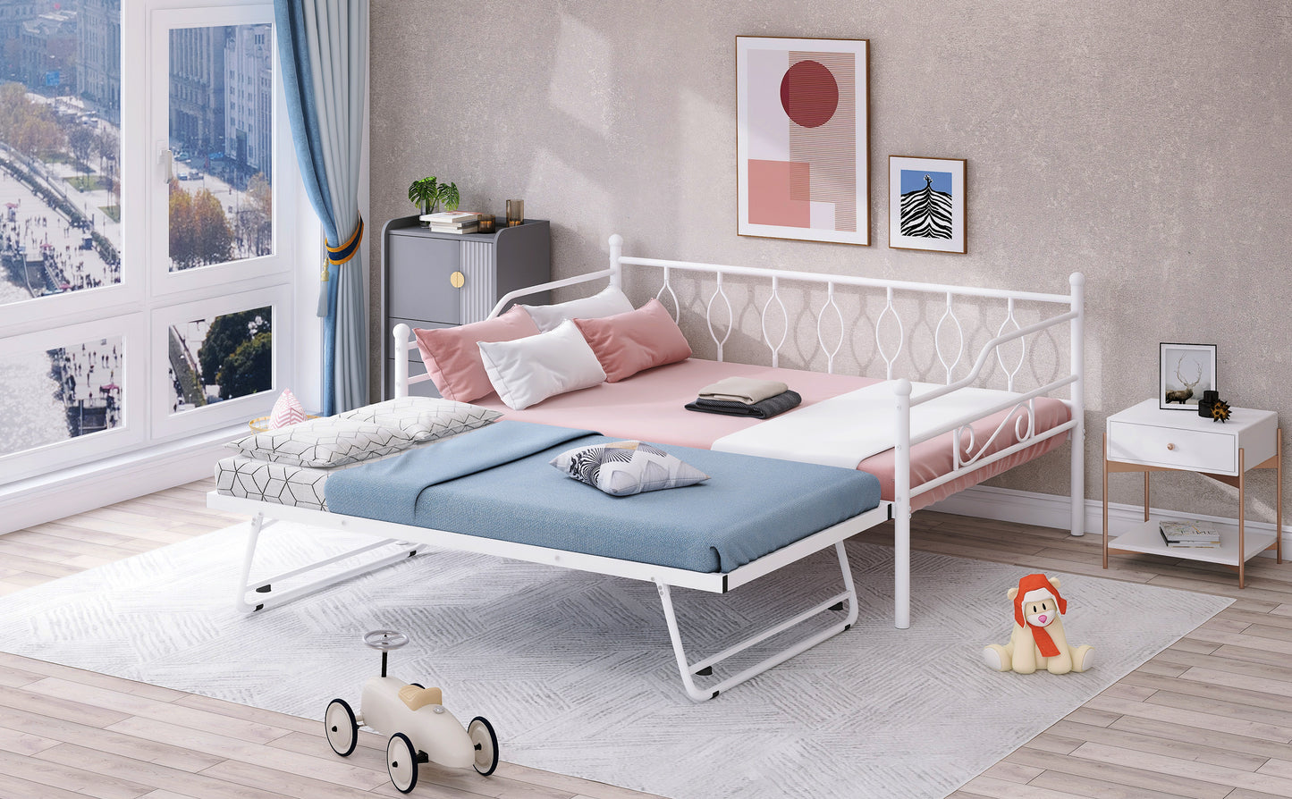 Full Size Metal Daybed with Twin Size Adjustable Trundle, Portable Folding Trundle, White(OLC SKU:MF293730AAK)