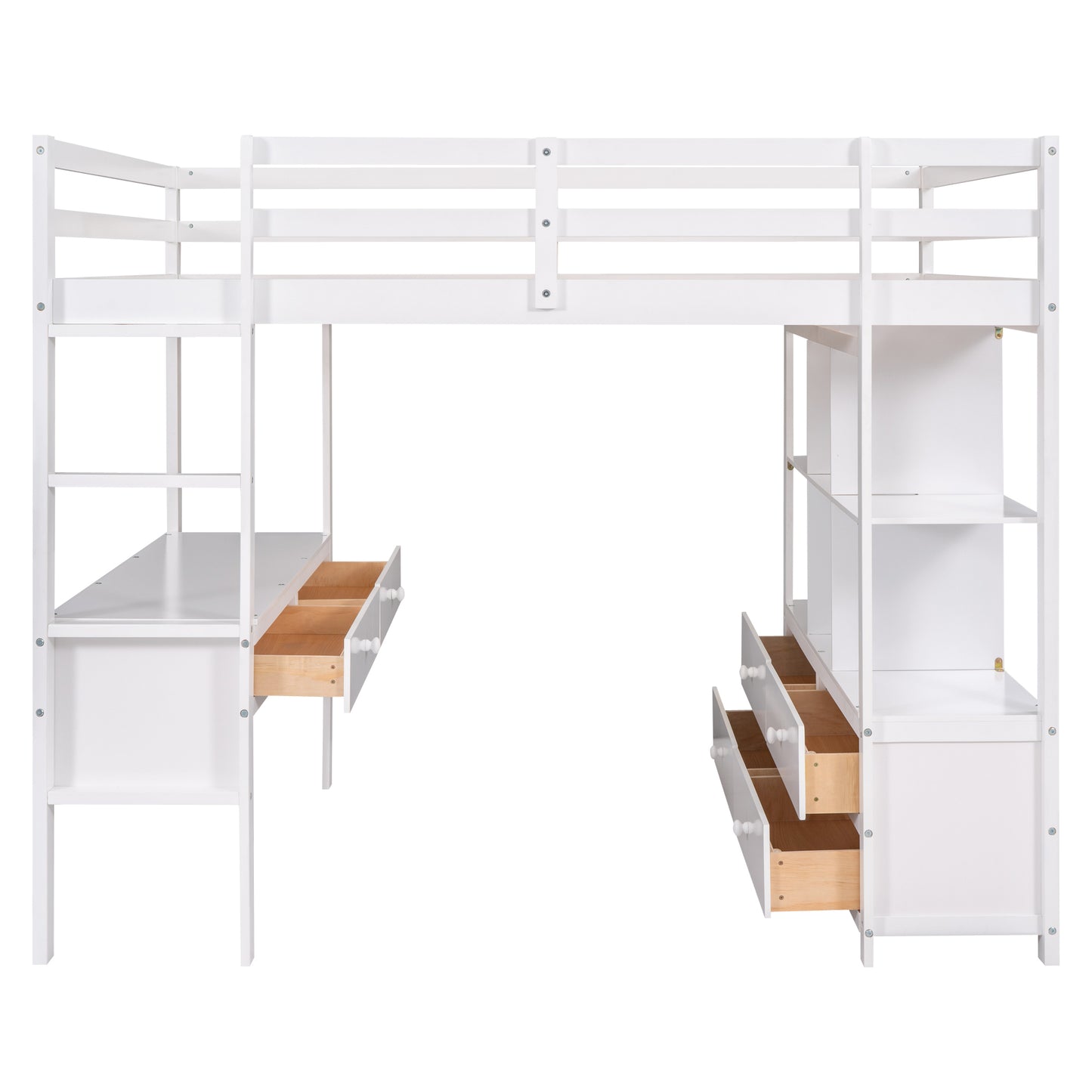 Full Size Loft Bed with Built-in Desk with Two Drawers, and Storage Shelves and Drawers,White