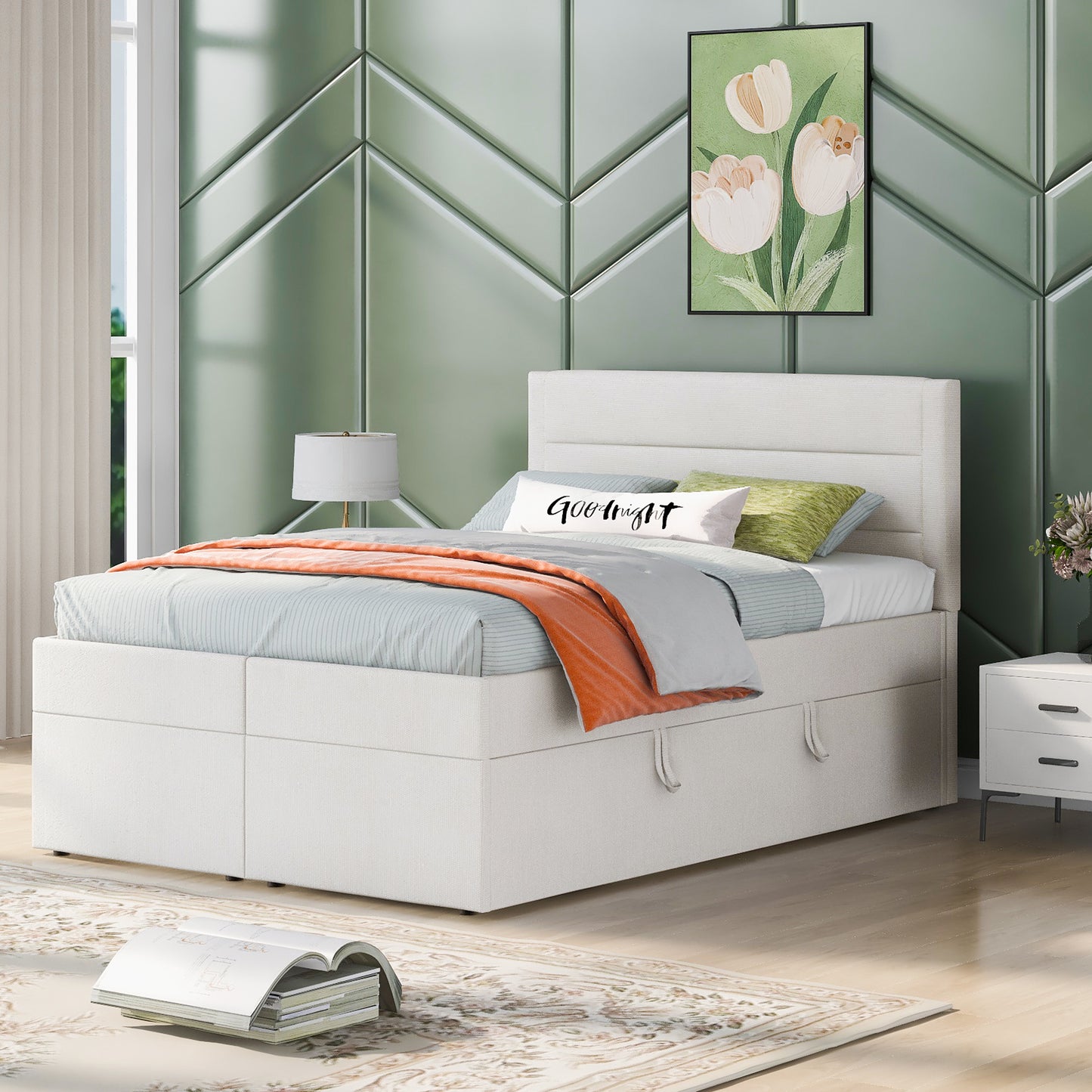 Full Size Upholstered Platform Bed with Storage Underneath, Beige