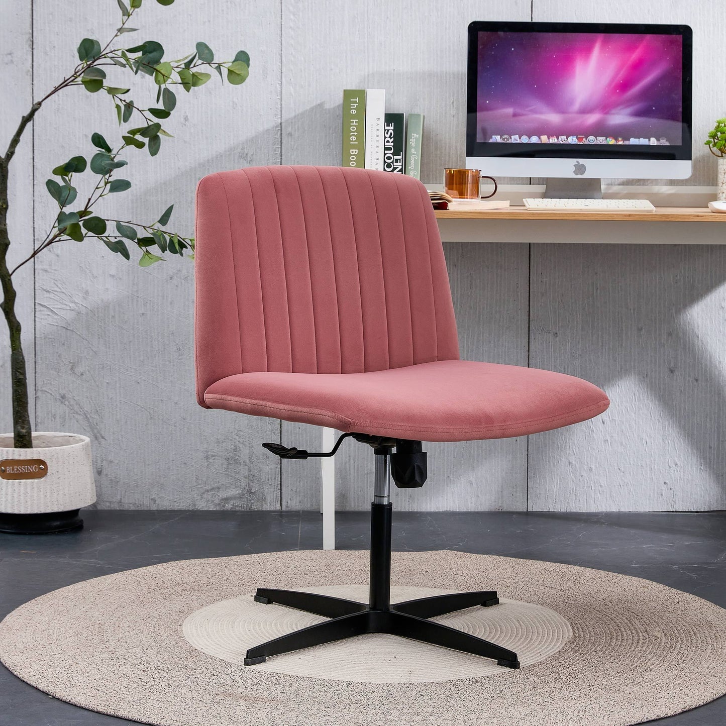 Pink Velvet Material. Home Computer Chair Office Chair Adjustable 360 °Swivel Cushion Chair With Black Foot Swivel Chair Makeup Chair Study Desk Chair. No WheelsW115167384