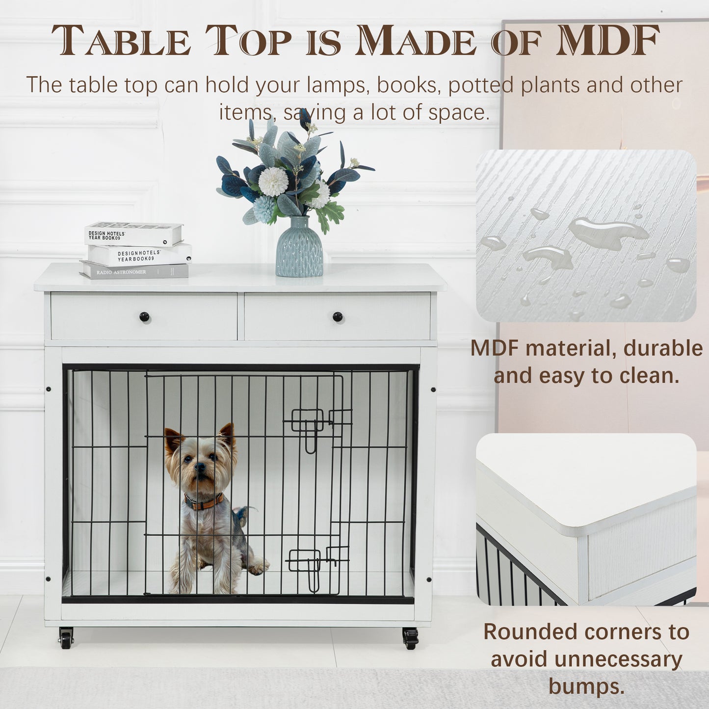 Dog Crate Furniture, Wooden Dog House, Decorative Dog Kennel with Drawer, Indoor Pet Crate End Table for Small Dog, Steel-Tube Dog Cage, Chew-Proof, White 31.7" L×23.2" W×33" H