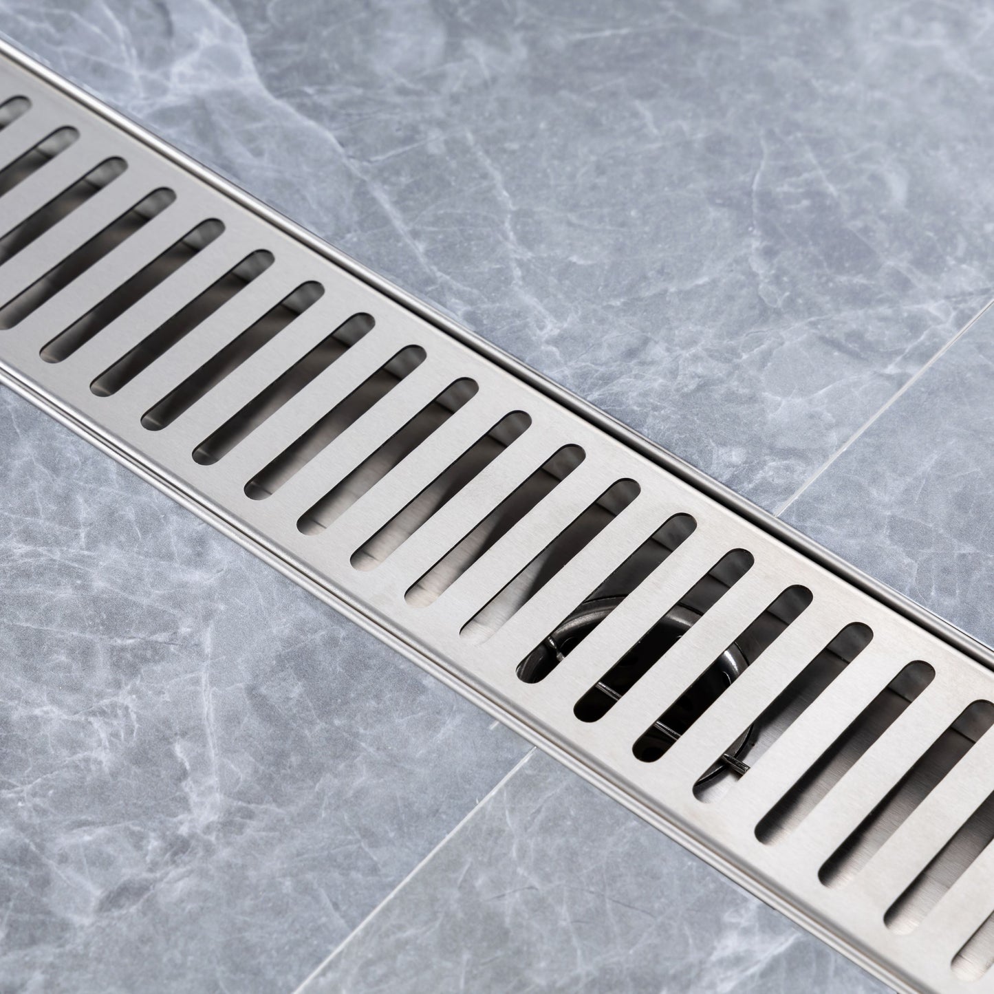 Brushed Nickel Linear Grid Shower Drain with Modern Design