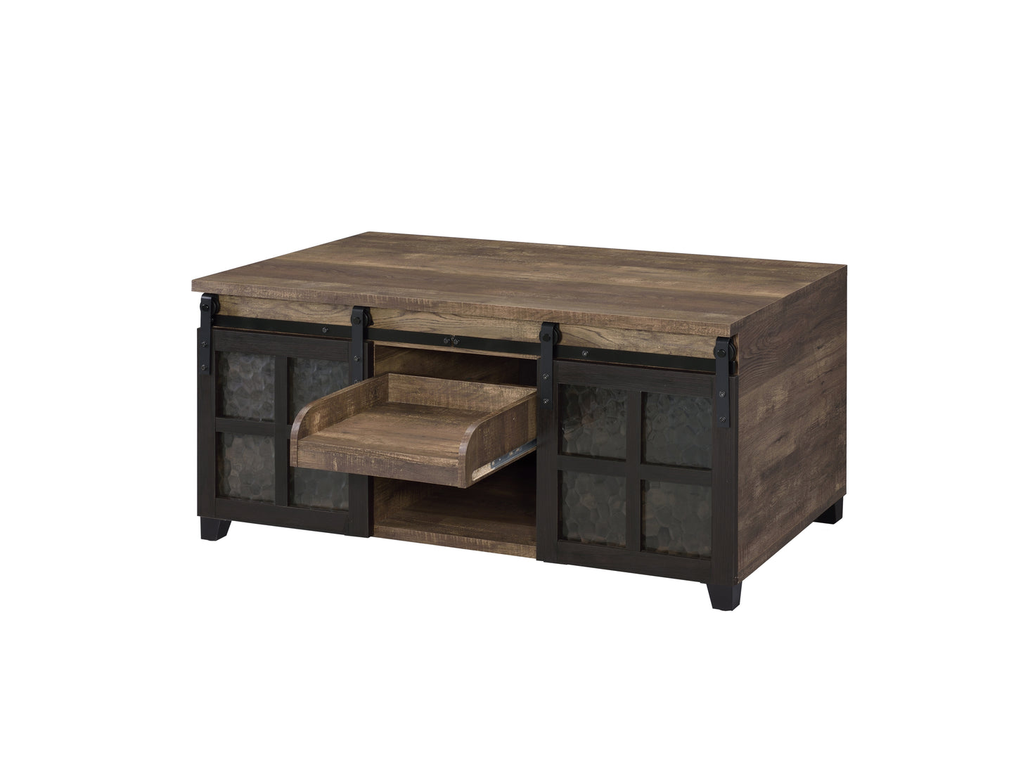 Rustic Oak Coffee Table with Obscure Glass and Black Metal Accent