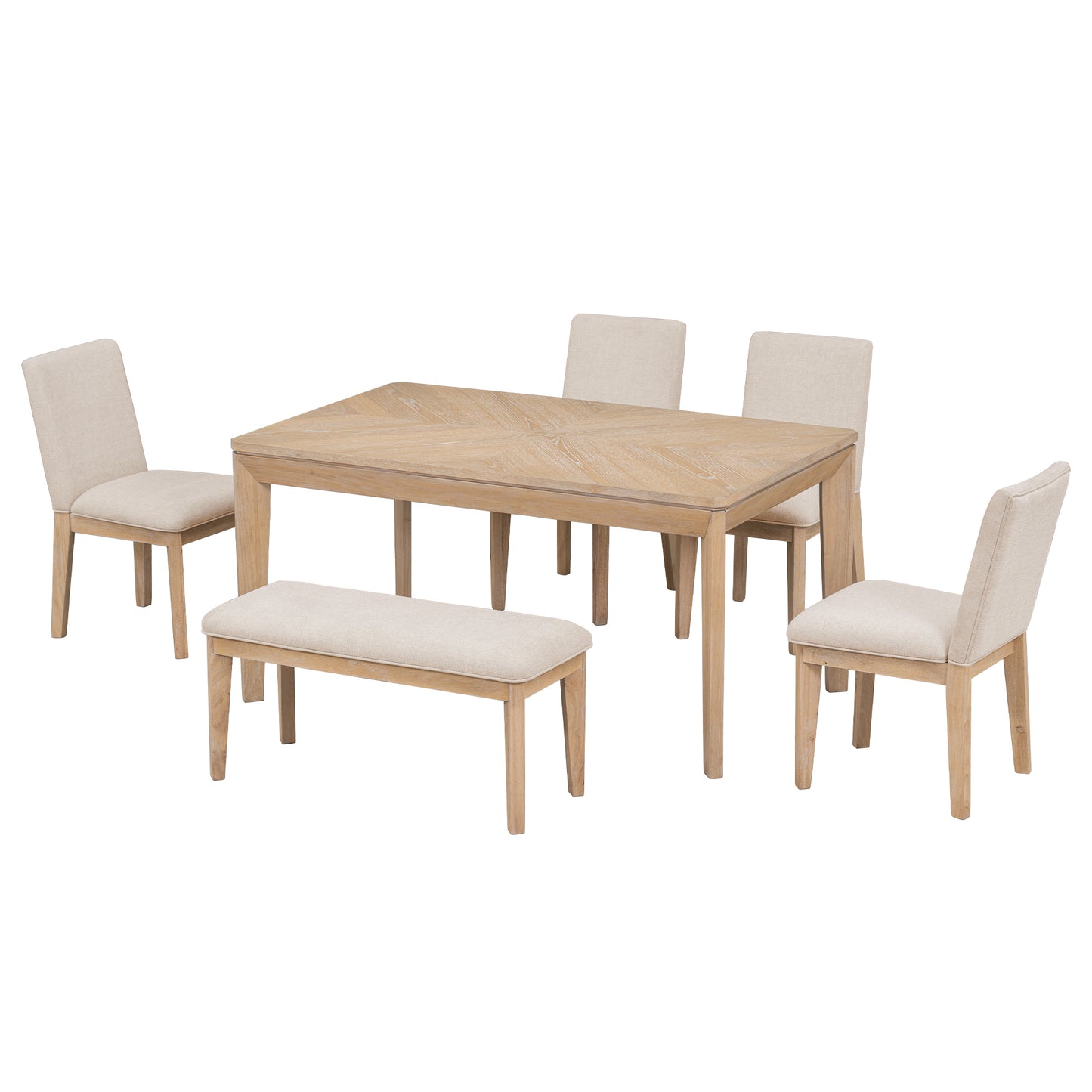 6-Piece Dining Table Set with Upholstered Dining Chairs and Bench,Farmhouse Style, Tapered Legs, Natural+Beige