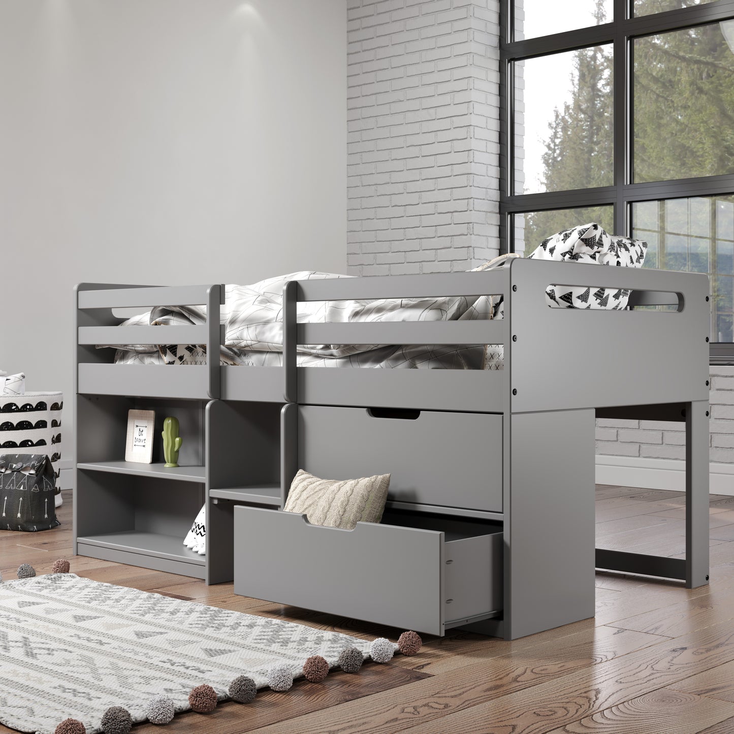 Fabiana Twin Loft Bed w/Storage, Gray Finish BD01375