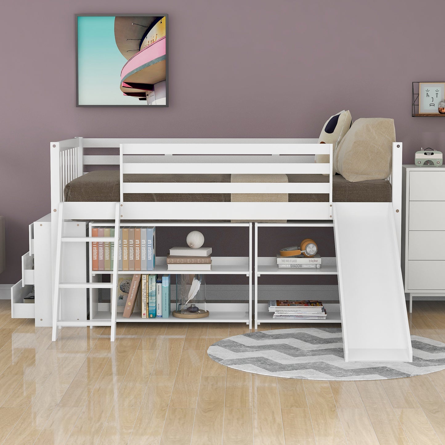 Low Loft Bed with Attached Bookcases and Separate 3-tier Drawers,Convertible Ladder and Slide,Twin,White