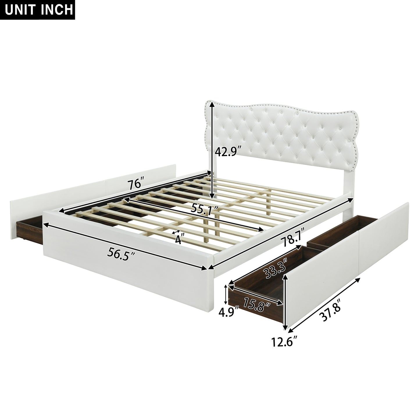 Full Size Bed Frame with 4 Storage Drawers,Leather Upholstered Platform Heavy Duty Bed,Wood Slat Support,White