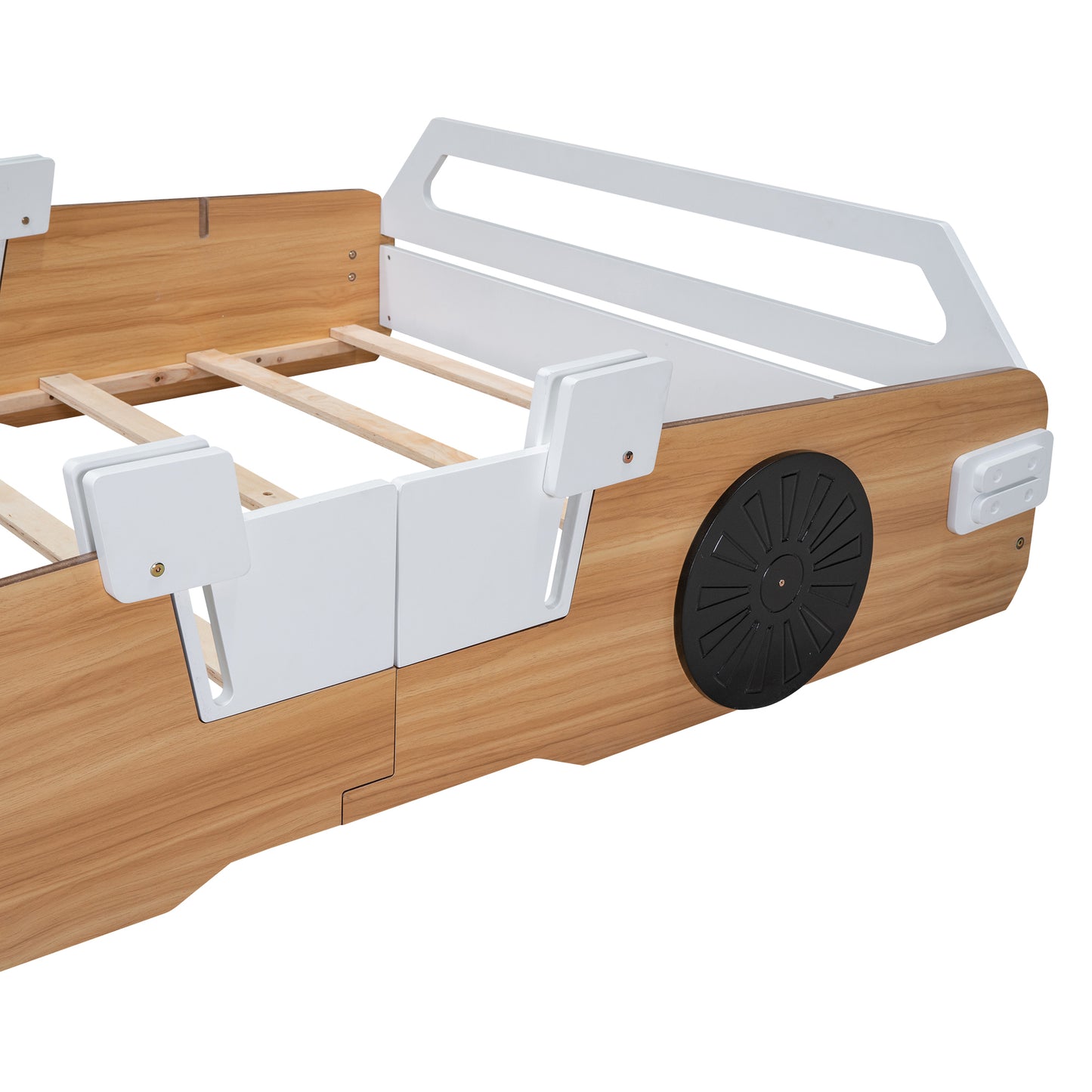 Wood Full Size Racing Car Bed with Door Design and Storage, Natural+White+Black