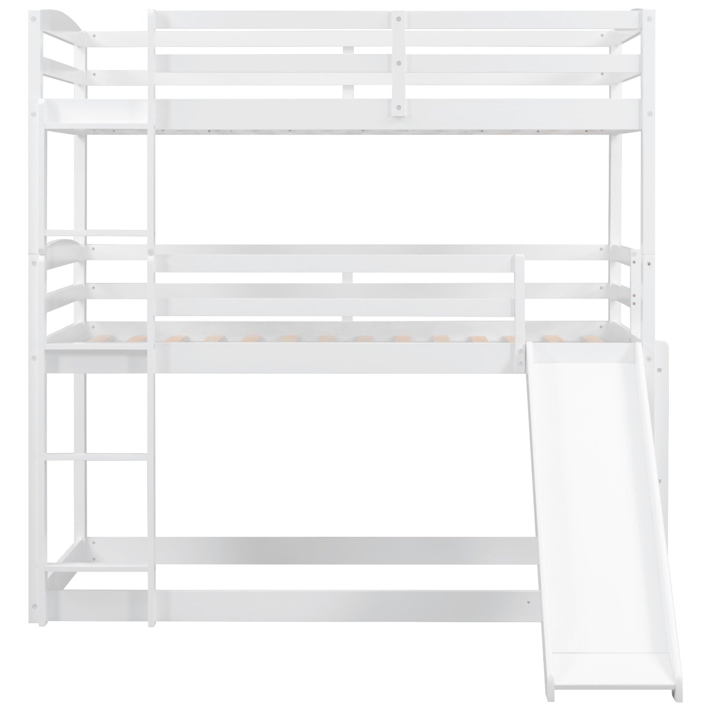 Innovative White Triple Bunk Bed with Slide, Ladder, and Vertical Space Optimization