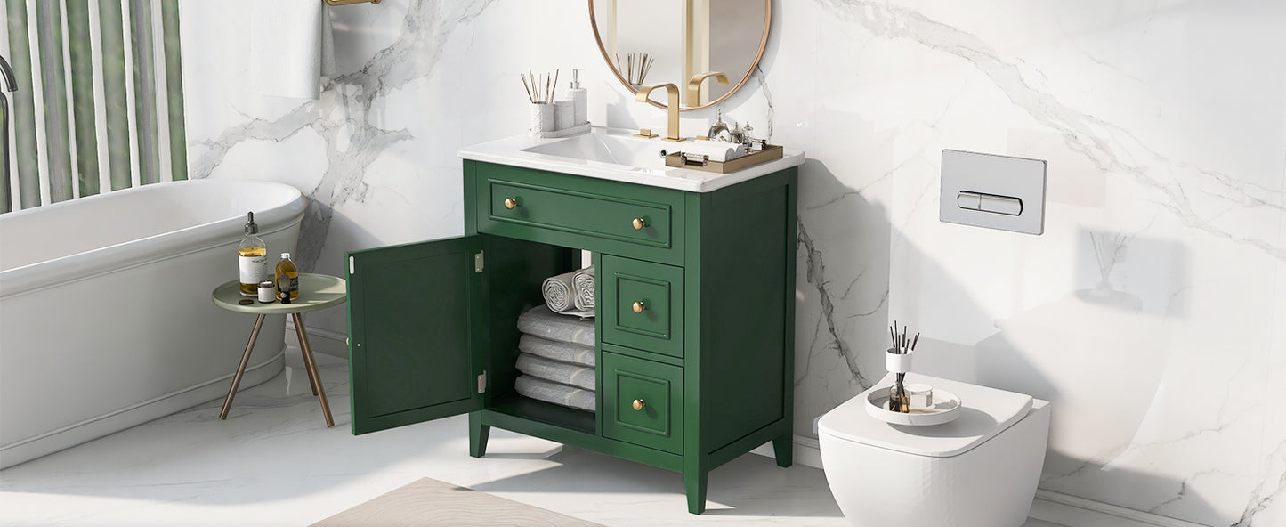 30" Bathroom Vanity with Sink Top, Bathroom Vanity Cabinet with Door and Two Drawers, Solid Wood Frame, One Package, Green