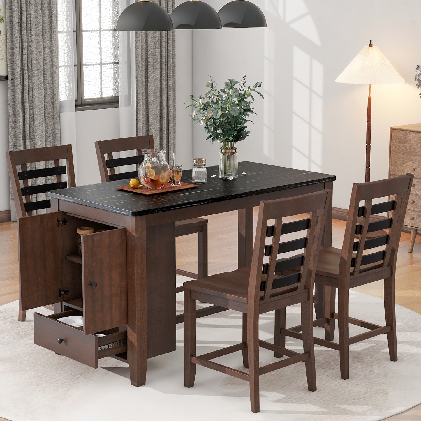 Counter Height 5-piece Dining Table Set with Faux Marble Tabletop, Solid Wood Table Set with Storage Cabinet and Drawer, Dark walnut