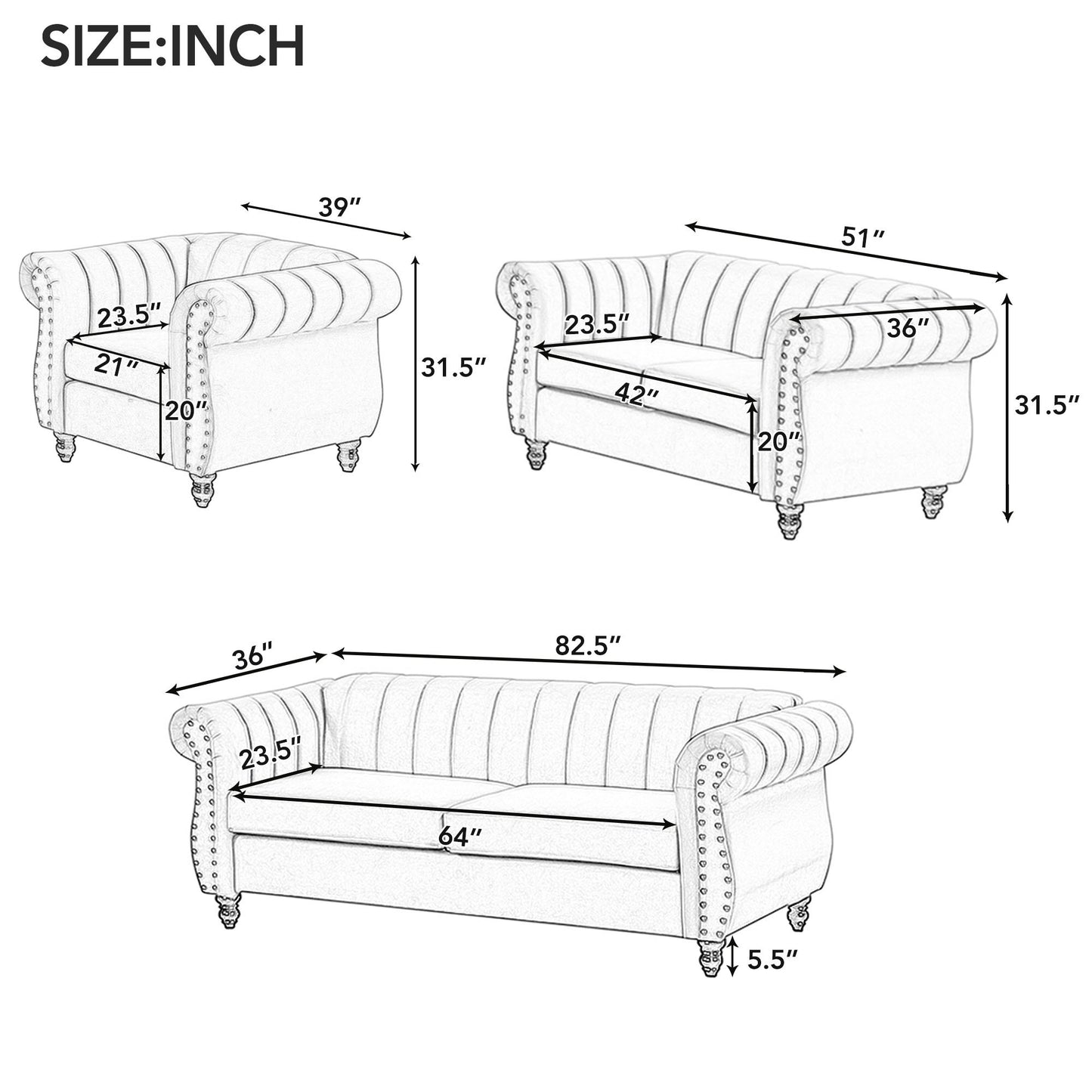 39 Modern Blue Upholstered Sofa with Buttoned Backrest