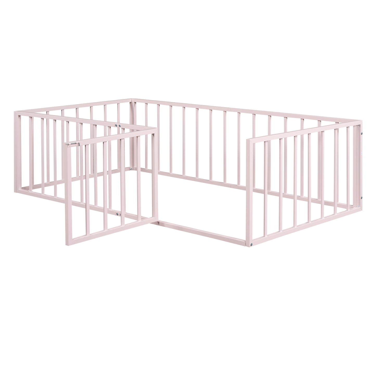 Twin Size Metal Floor Bed Frame with Fence and Door, Pink