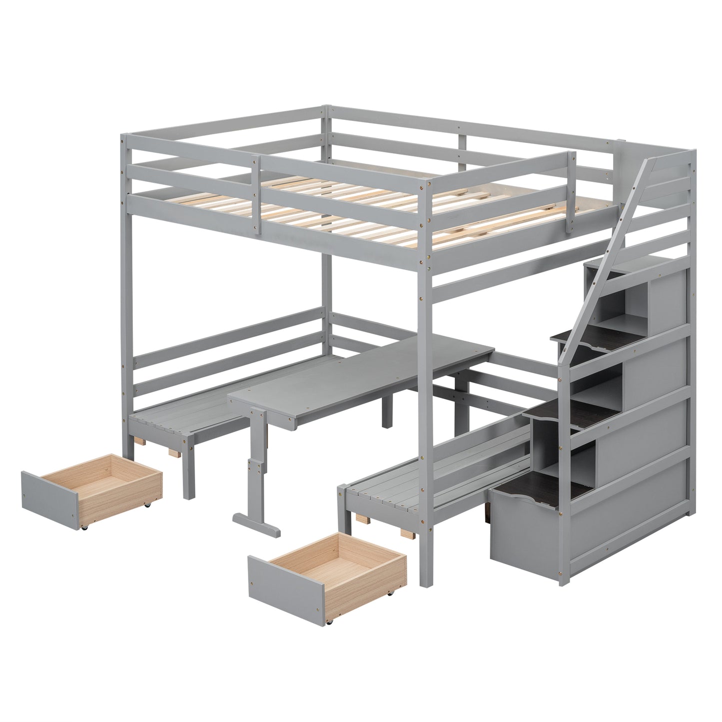 Full over Full Size Bunk with staircase,the Down Bed can be Convertible to Seats and Table Set,Gray