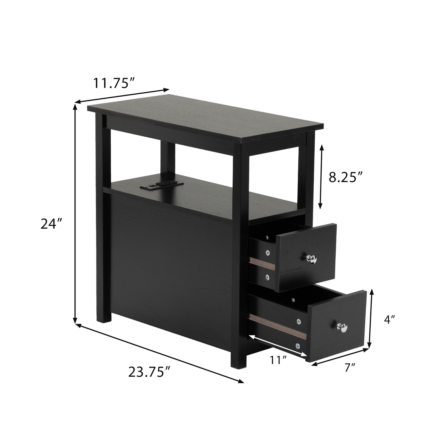 End Table with Charging Station, Narrow Sofa Side Table, Wooden Nightstand, Bedroom Living Room Furniture, Black