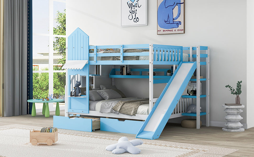 Blue Castle-Themed Full Bunk Bed with Slide, Storage, and Whimsical Charm