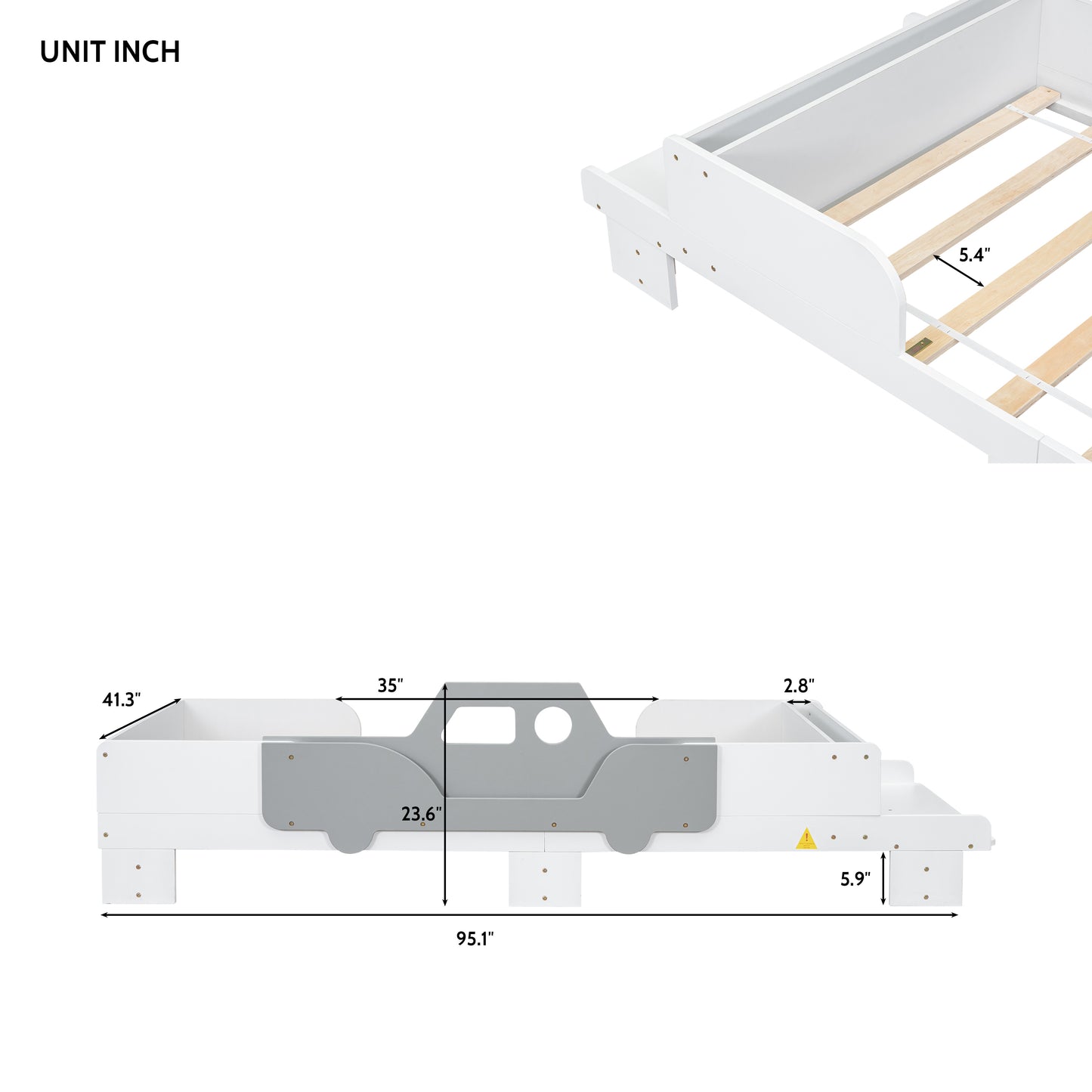 Car-Shaped Twin Bed with Bench,White