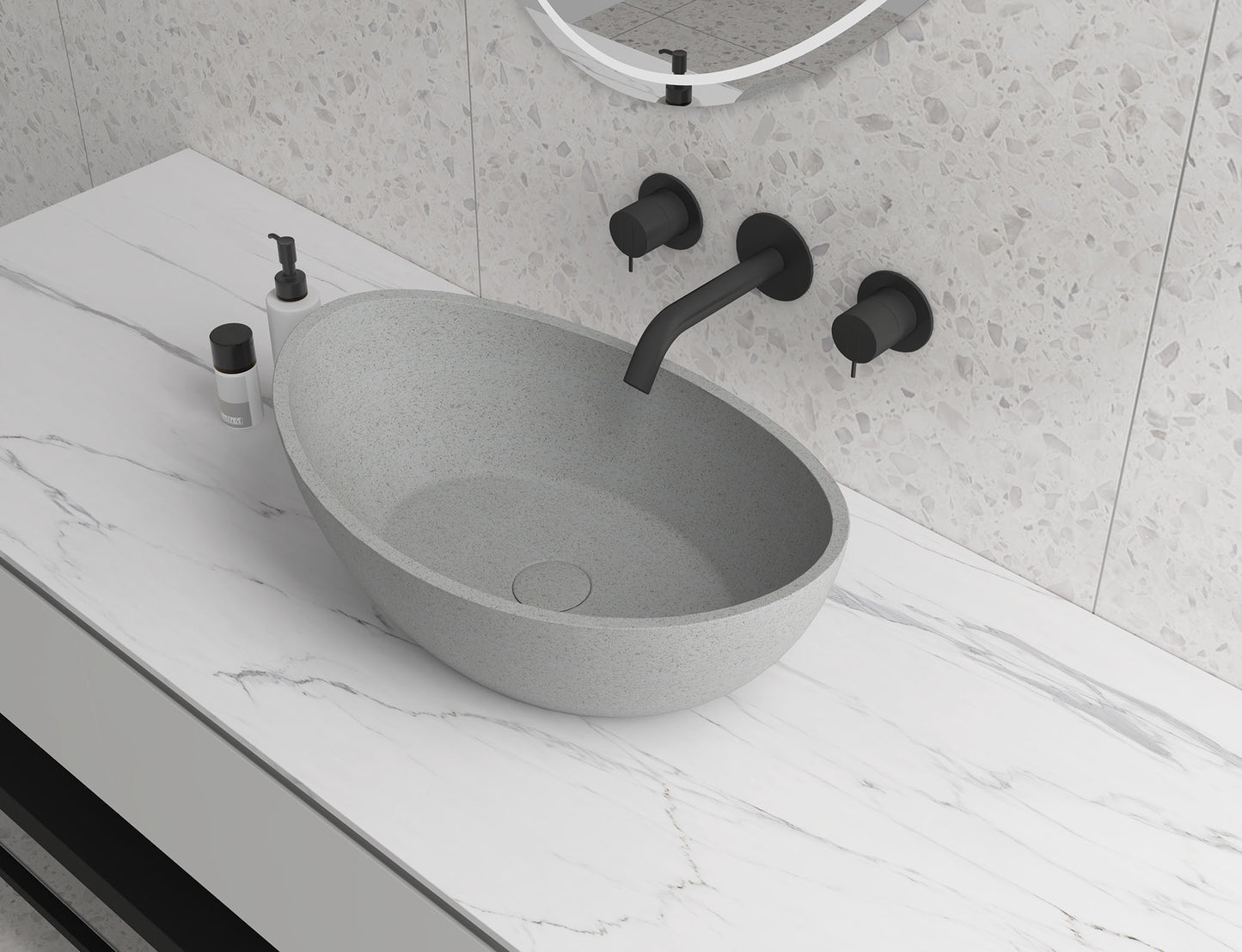 Oval Concrete Vessel Bathroom Sink Handmade Concreto Stone Basin Counter Freestanding  Bathroom Vessel  Sink in Grey without  Faucet and Drain