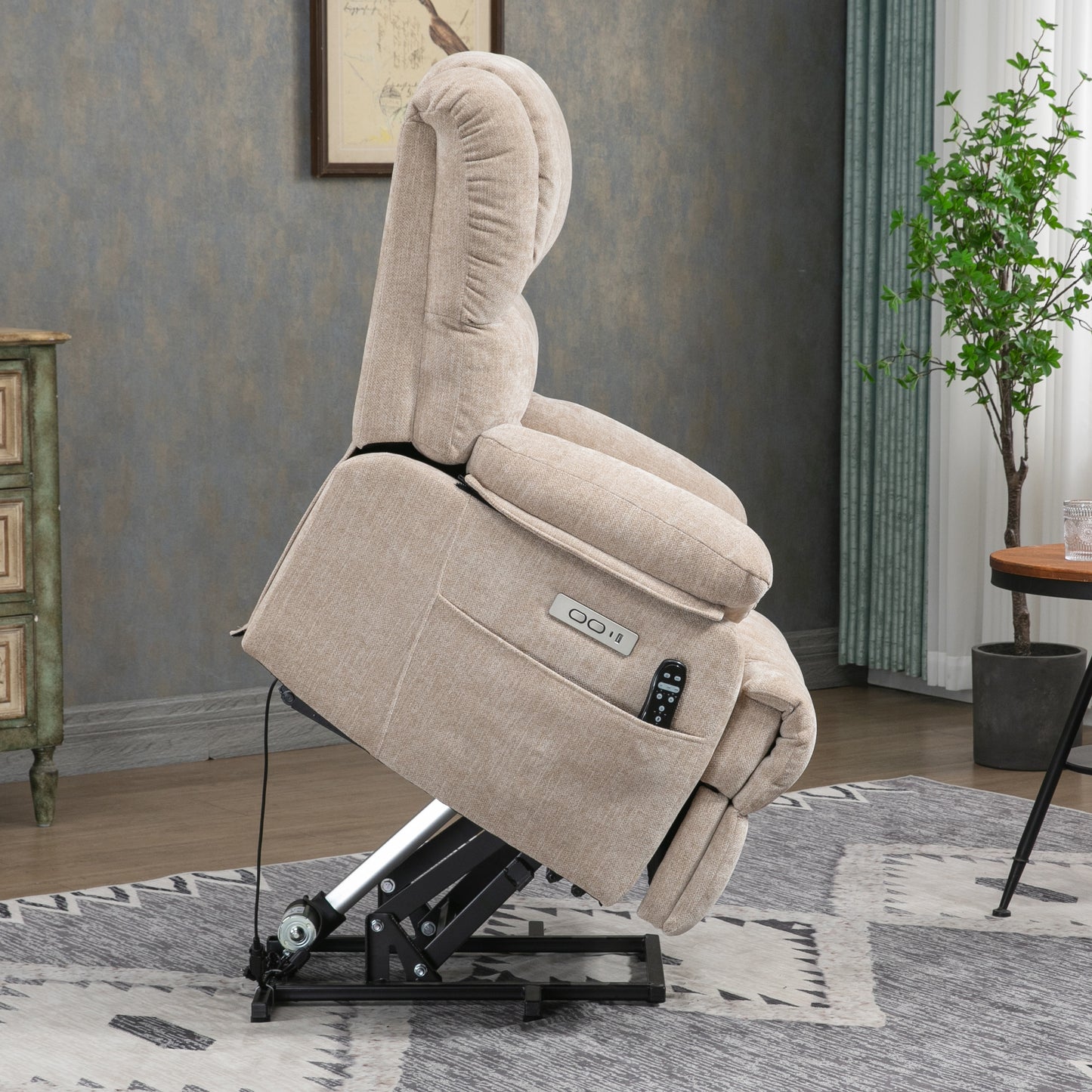 Beige Chenille Power Lift Recliner Chair with Massage, Heat, and USB Port for Extra Large Size