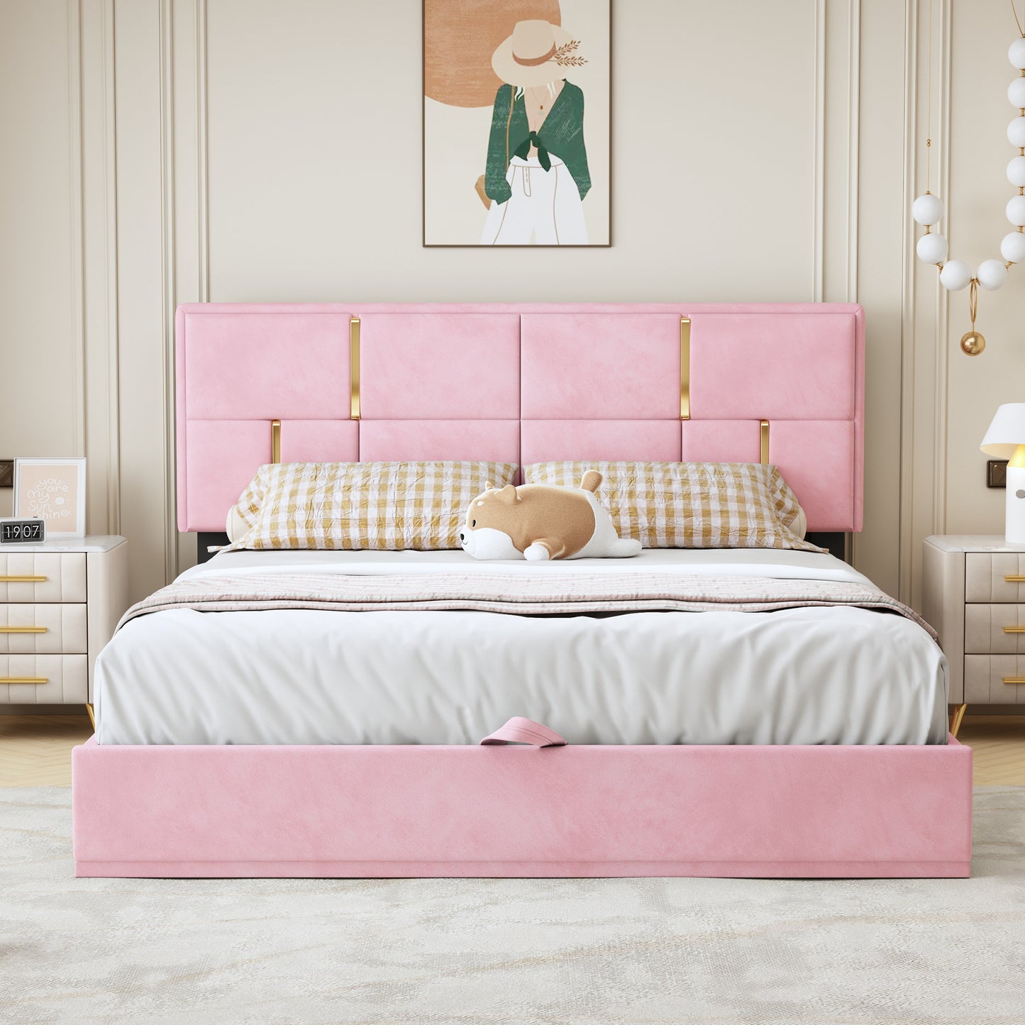 Queen Size Upholstered Platform Bed with Hydraulic Storage System,No Box Spring Needed,Pink