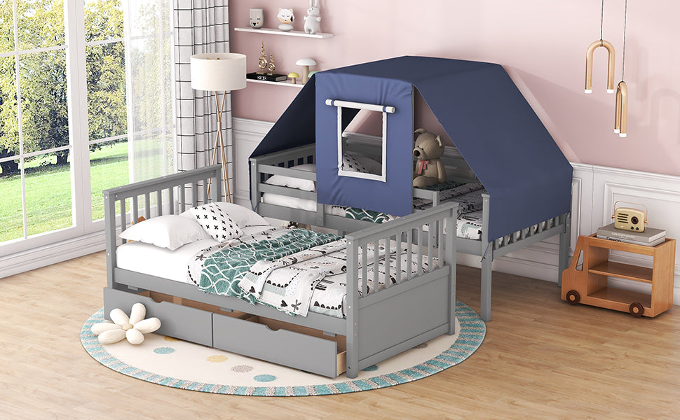 Twin Over Twin House Bunk Bed with Playful Tent and Storage Drawers, Gray+Blue Theme