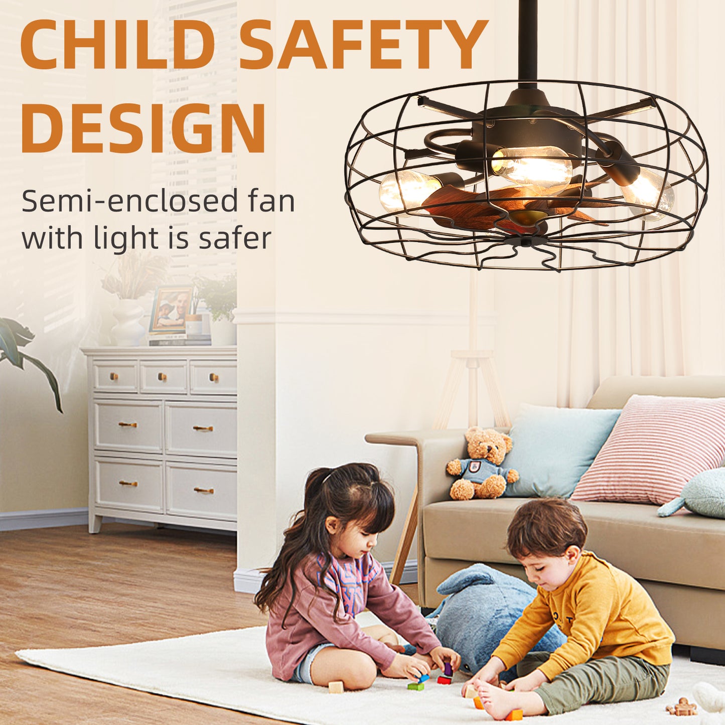 20-Inch American Style Ceiling Fan Chandelier with Remote Control and Reversible Inverter DC Motor