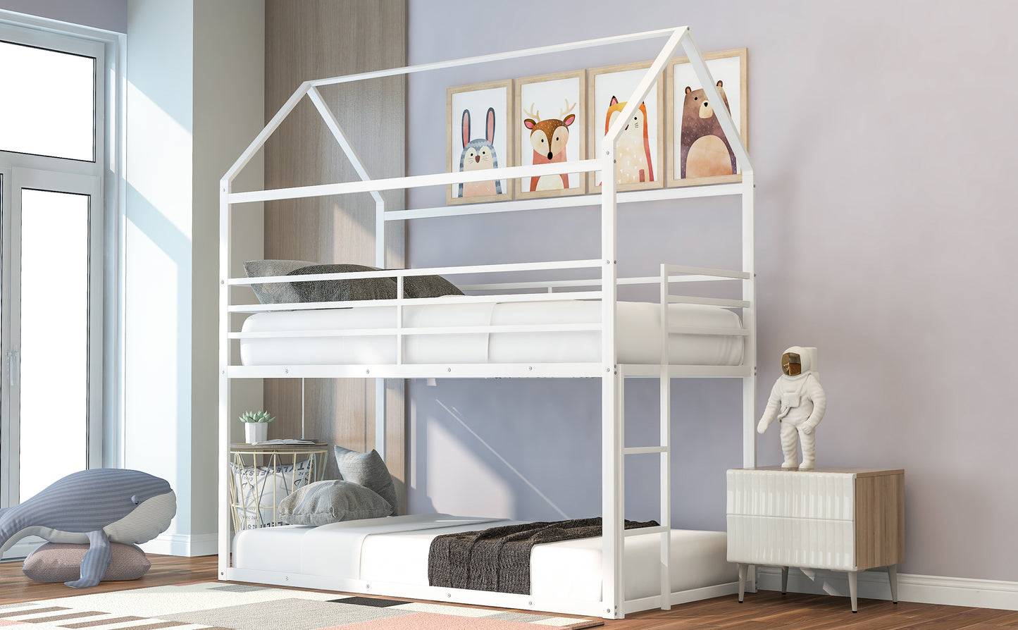 Kids' White Twin over Twin House Bunk Bed with Built-in Ladder