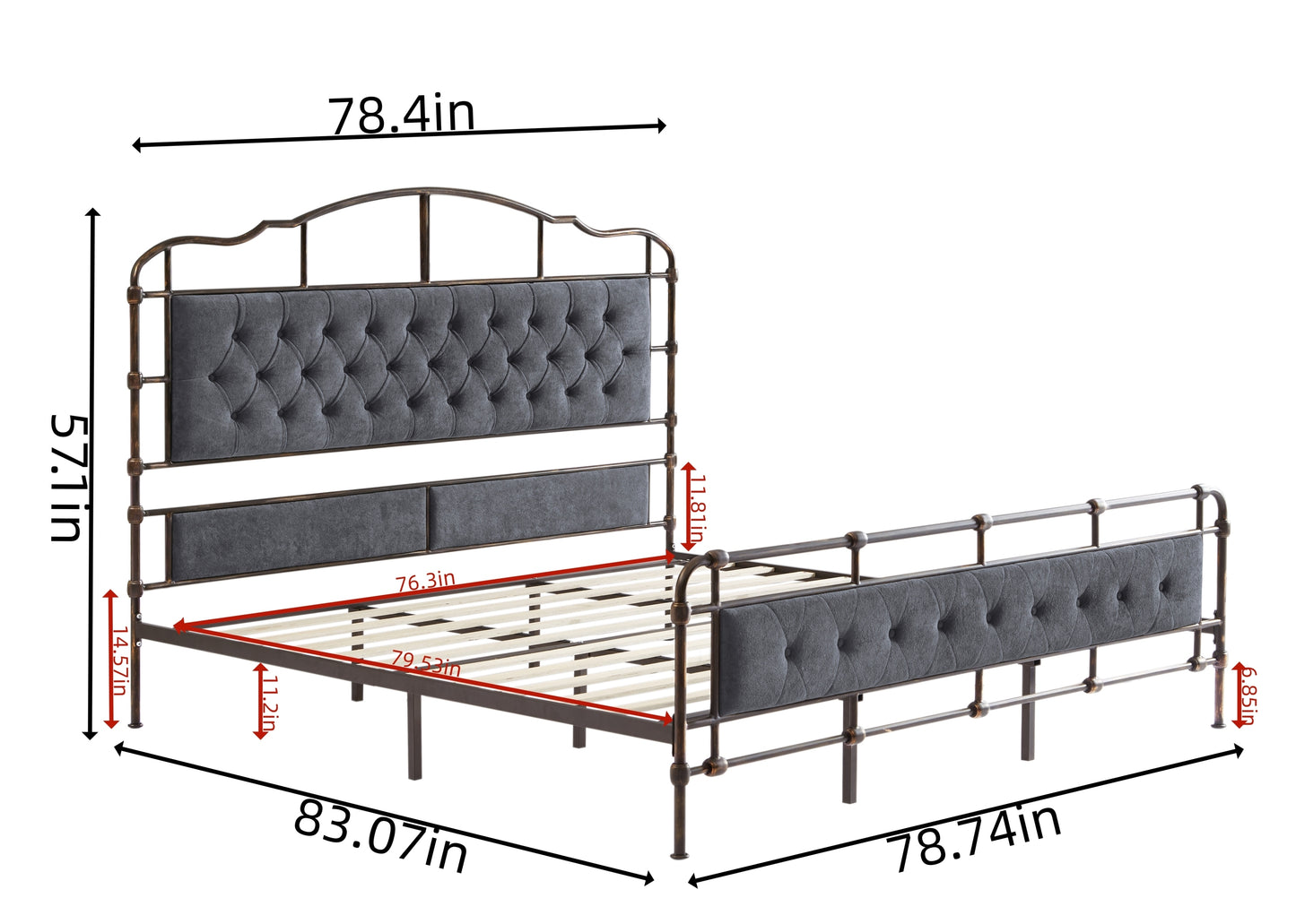 King size High Boad Metal bed with soft head and tail, no spring, easy to assemble, no noise