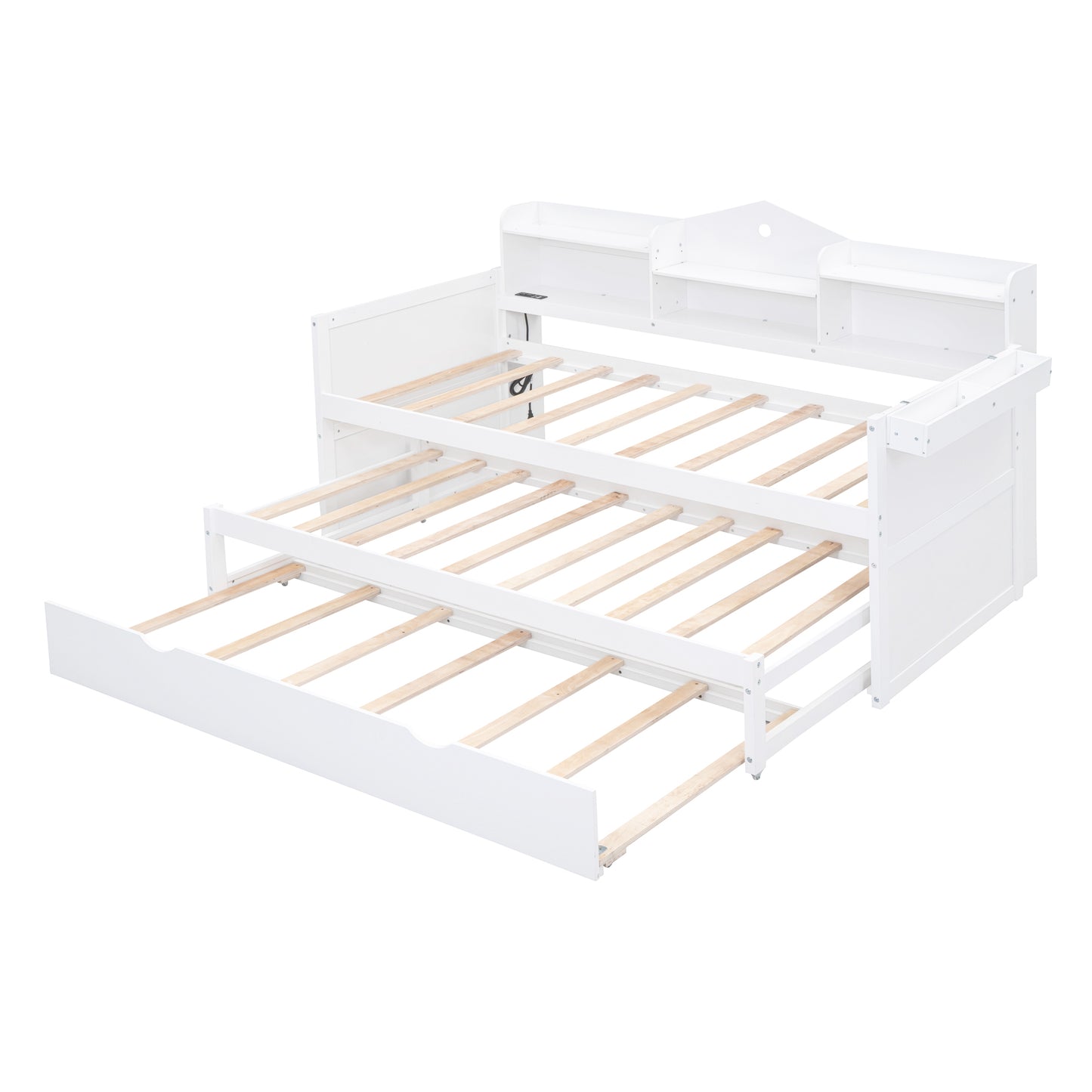 Twin XL Wooden Daybed with 2 Twin Trundles and Storage Shelf, Daybed with USB Charging Ports, No Box-spring Needed, White