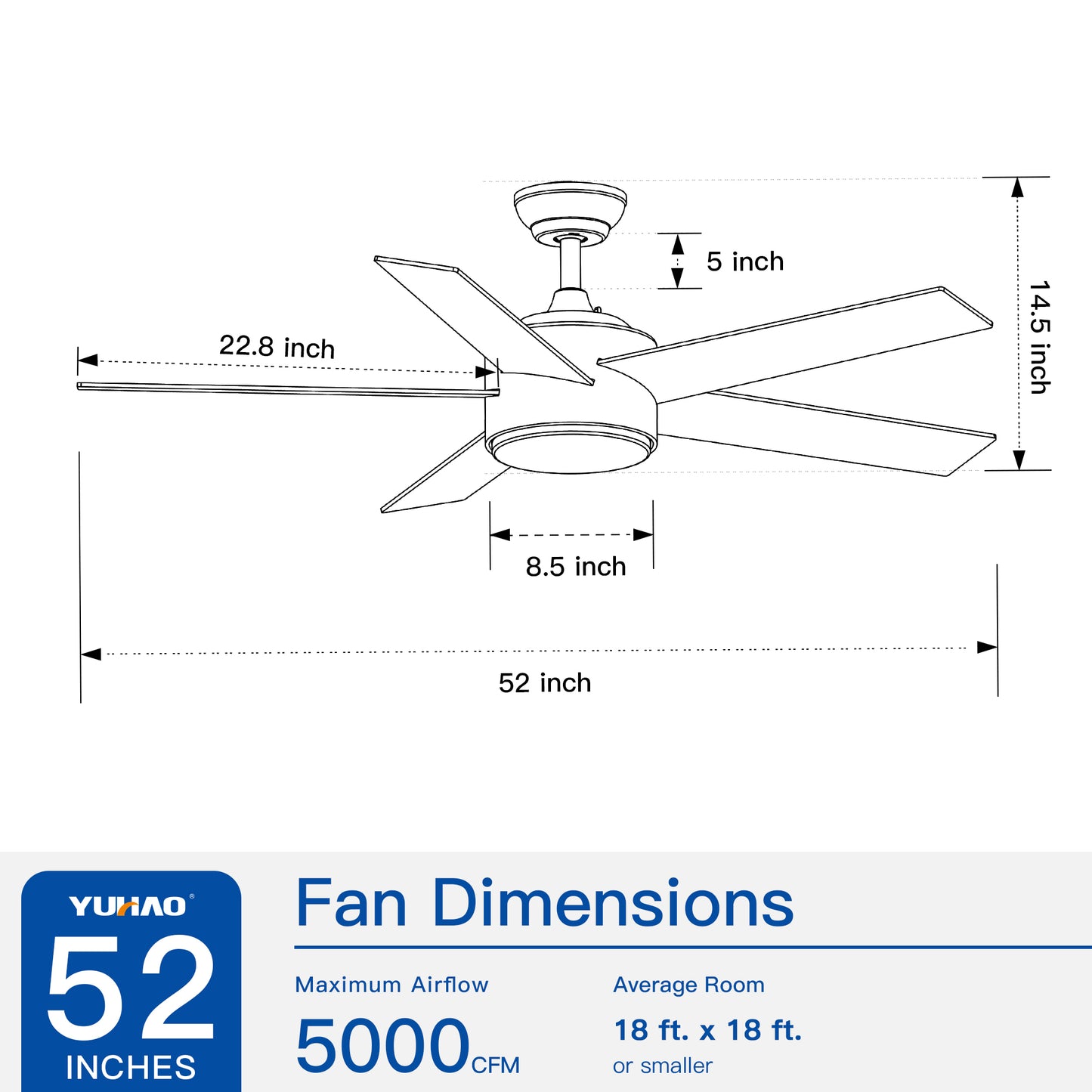 52 Inch Ceiling Fan with Integrated LED Light and White ABS Blades