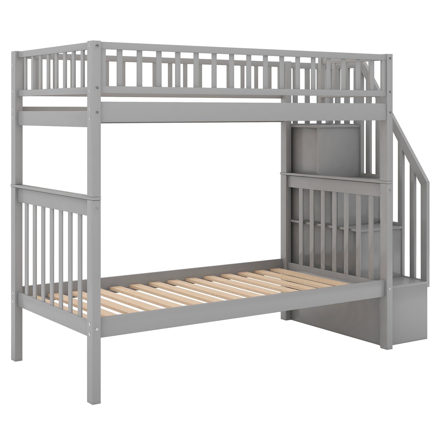 Gray Twin Bunk Bed with Trundle, Storage, and Versatility