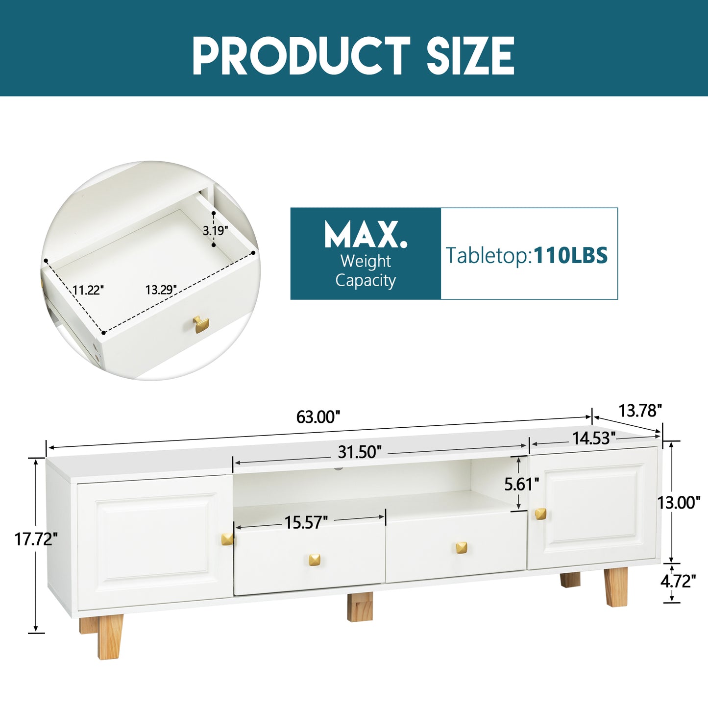 White LED TV Stand with Drawers and Open Grid Storage for TVs up to 65 inches