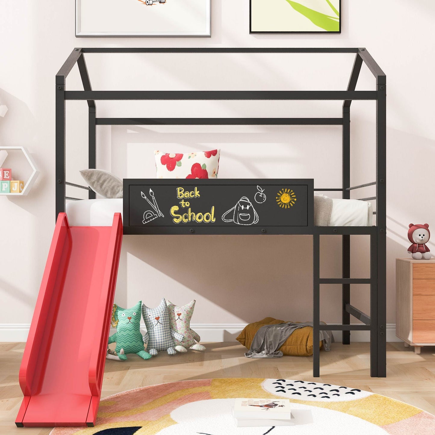 Metal House Bed With Slide, Twin Size Metal Loft Bed with Two-sided writable Wooden Board (Black and Red)