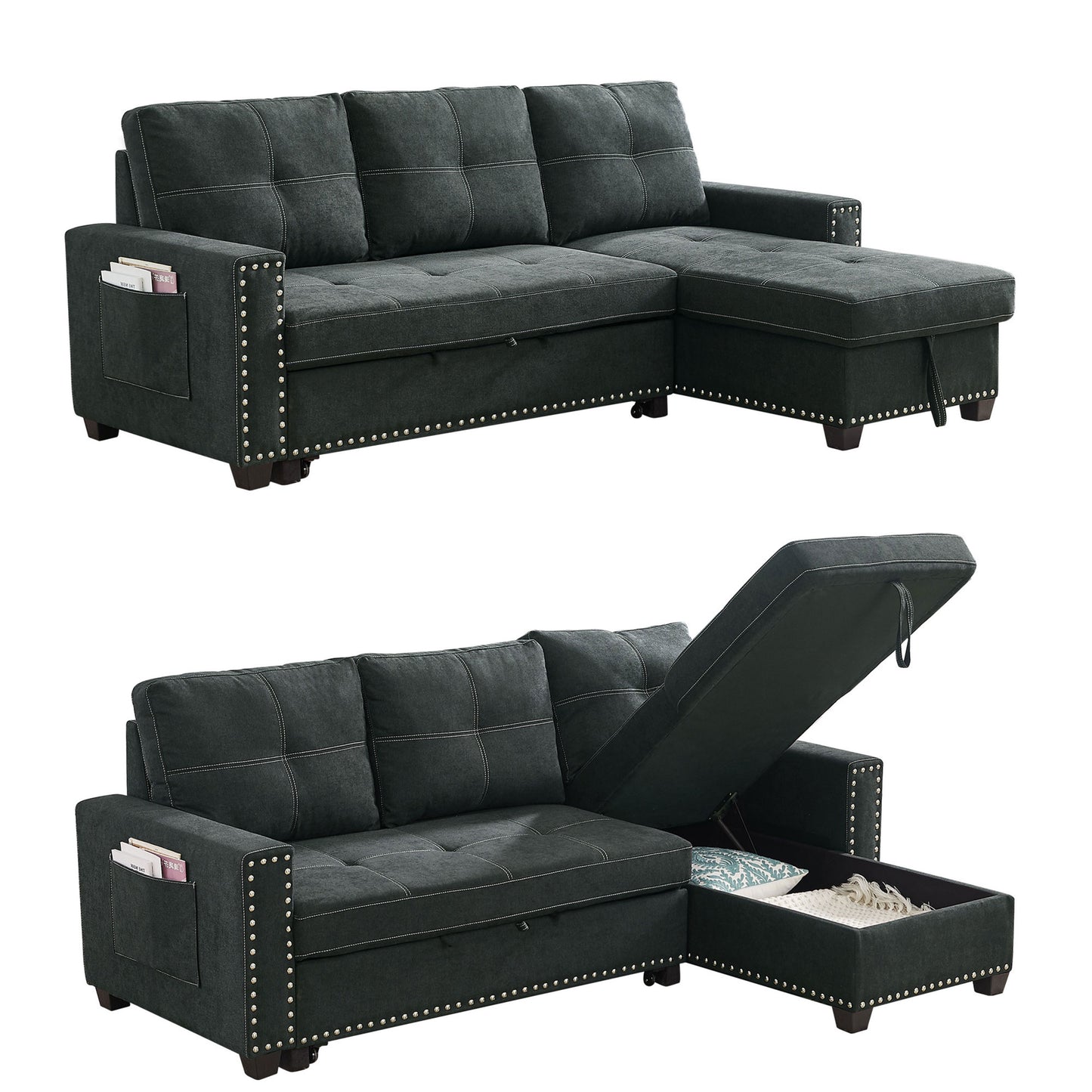 Sleeper Sofa Sectional with Reversible Storage Chaise and Side Storage Bag, Black Fabric, Modern Design