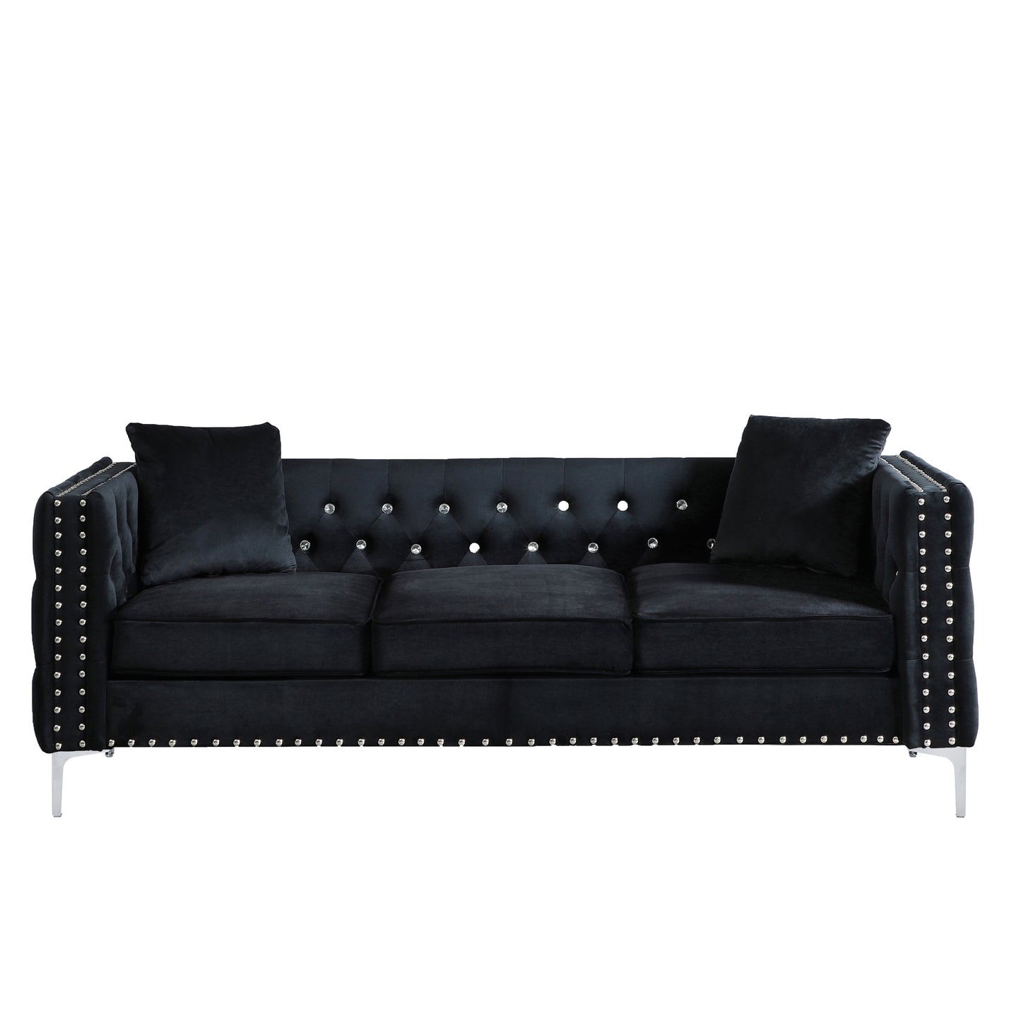 Modern Black Velvet 2-Piece Living Room Set with Sofa, Loveseat, and 4 Pillows