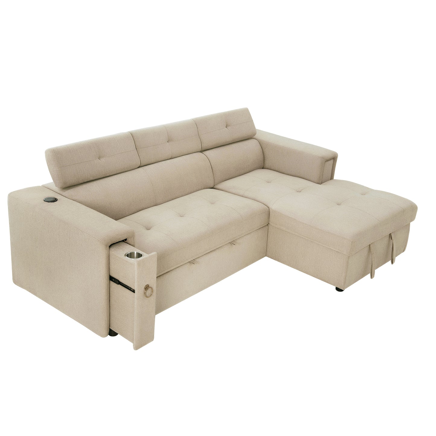 L-Shaped Sectional Sofa with Hidden Storage, Adjustable Headrest, Wireless Charging, and Cup Holders