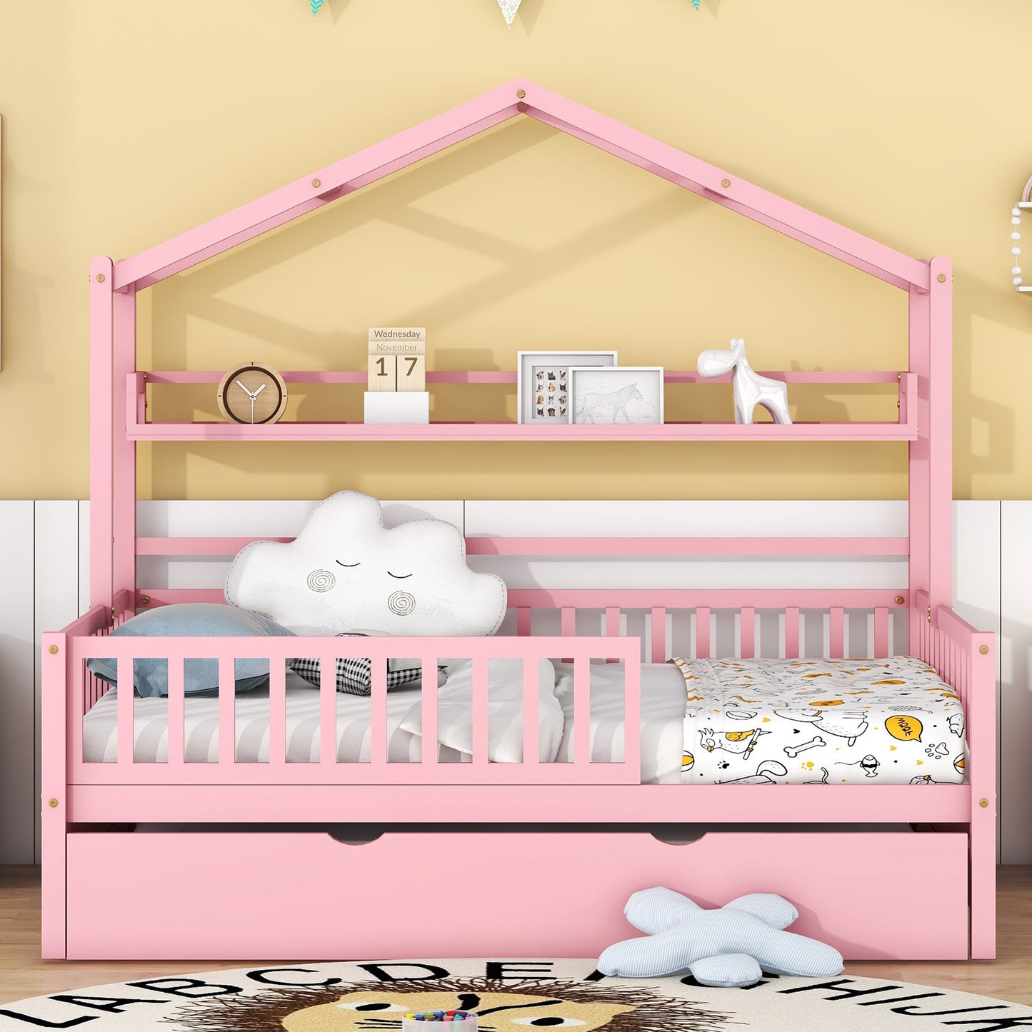 Wooden Full Size House Bed with Twin Size Trundle,Kids Bed with Shelf, Pink